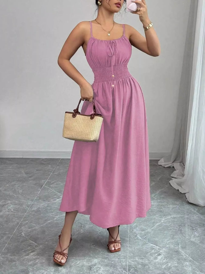 Robe Mi-Longue pour Femmes à Fines Bretelles et Smocks