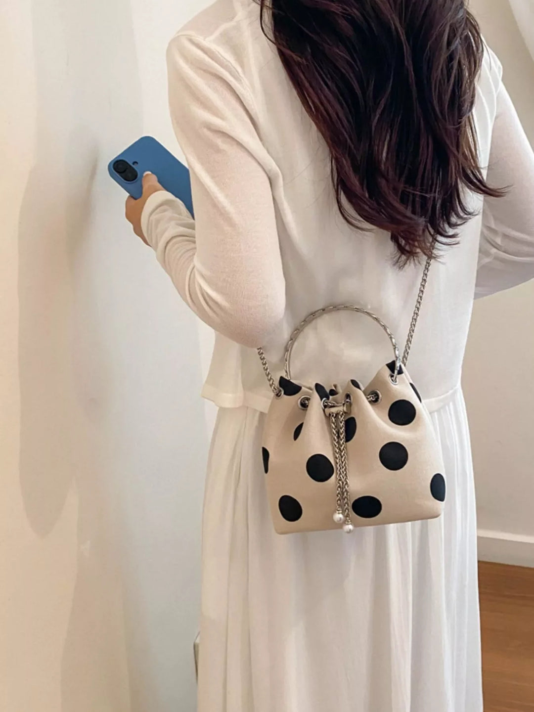 Sac Seau Bandoulière à Pois pour Femme Beige
